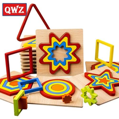QWZ DIY Creative 3D Wooden Puzzle Geometric Shape Jigsaw Intelligence Develop Montessori Educational Toys For Children Kids Baby