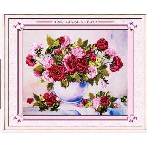 Needlework,DIY Ribbon Cross stitch Sets for Embroidery kit, red rose vase flowers bands embroidery wall wedding gift decoration