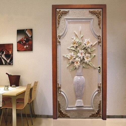 PVC Self-Adhesive Waterproof Door Wall Sticker 3D Stereo Vase Flowers Wallpaper 3D Door Mural Living Room Study Home Decor Paste