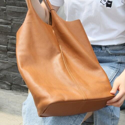 Minimalist Style Genuine Leather Composite Bag for Women Cowhide Large Shopper Tote Bag Female Casual Tote Luxury Purse 2021 New