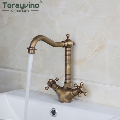 Torayvino Antique Brass Deck Mounted Bathroom Faucet Dual Cross Handles 360 Rotate Kitchen Faucets Hot And Cold Mixer Water Tap