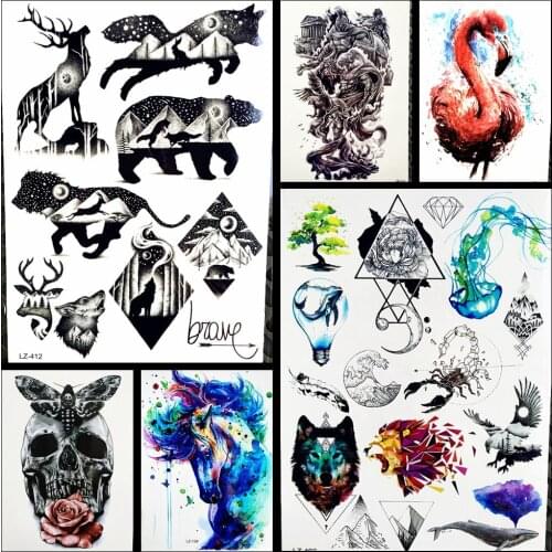 Bear Waterproof Black Temporary Tattoo Stickers Women Body Art Moose Fake Water Transfer Geometric Tattoo Men Wolf Totem GLZ-412