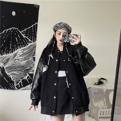 2021 New Womens Jacket Spring Autumn Ladies Hip Hop Harajuku Fashion Loose High Street Letter Heart Single Breasted Coat Black