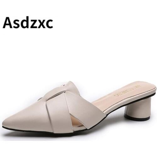 Womens Summer Casual black Sole Sexy Style Ladies Shoes 2020Fashion Closed Toe Chunky Thick Heel PU Leather Mules Slippers s542
