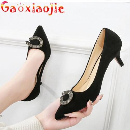 2021 New Glistening Water Drill Buckle 5CM Womens Pumps Fashion High Grade Flock Pointed Toe Everyday Office High-Heel Shoes