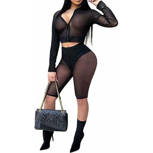 2019 Summer Sexy Women 2 Piece Hollow Mesh Transparent Crop Top Shorts Set Long Sleeve Tops+ High Waist Shorts Sexy Ladies Sets