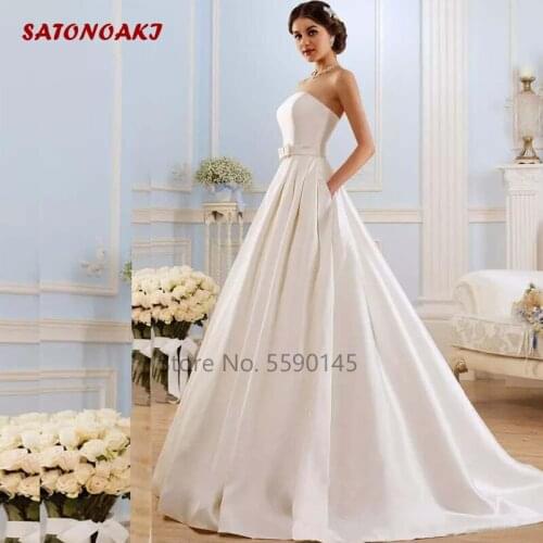 Vintage Strapless A Line Satin Wedding Dress 2020 With Pockets Bow Sweep Train Lace Up Back Bridal Gowns Vestido De Novia Online