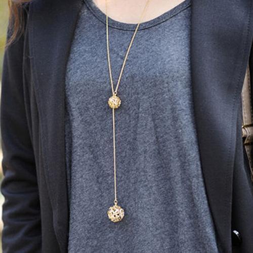 Women Crystal Lucky Double Hollow Balls Pendants Sweater Long Chain Necklace