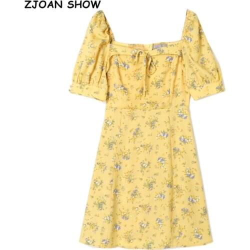 2021 Summer Bow Square Collar Short Sleeve Floral Print Dress French A line Elegant Women Holiday Dresses Slim fit Vestido