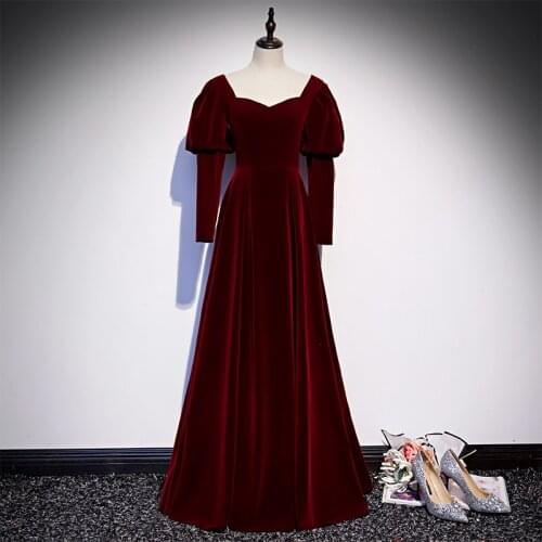Evening Dress Burgundy Strapless Elegant Simple Pleat A-Line Empire Full Sleeves Floor-Length Party Formal Dresses Woman B972
