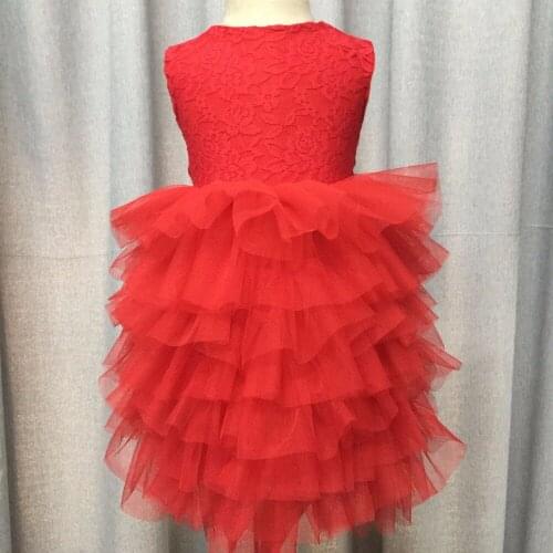 2017 Summer girls Red Puffy dresses V back Girls Boutique dress with ribbons Costumes Wholesale for Wedding 5pcs/lot