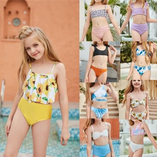 2021 Sunflower Print Two-Pieces Set Bikini Cute Ruffle Swimsuit Underwear Beachwear Swimming Suit For Kids Girls Child