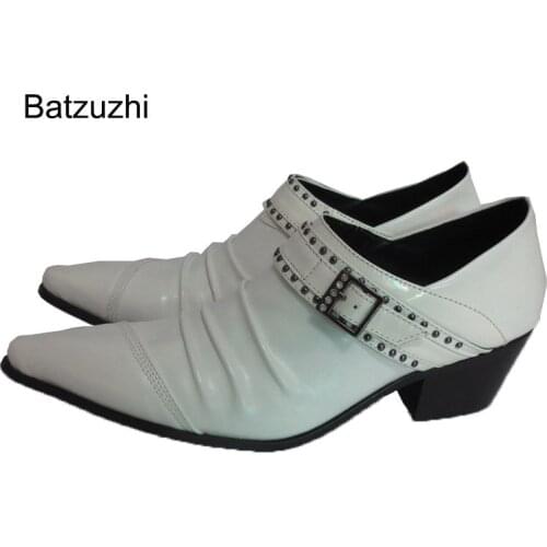 Batzuzhi White Wedding Mens Leather Shoes 6.5CM High-heeled Mens Shoes Pointed Toe Set Buckle Formal Wedding/Business Shoes