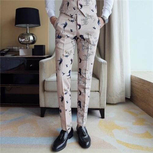 2019 Spring New Floral Trousers Slim Business Printing Casual Pants Men Wedding Pants nightclub male singer performance Trousers