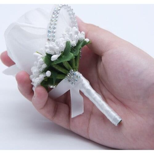 5Pieces/Bag Handmade Wedding Boutonniere Groom Groomsman Corsage Artificial Flower White Silk Rose Mens Suit Brooch Flowers