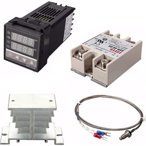 1set Digital Adjustable PID Temperature Controller Panel Thermostat REX-C100+Max.40A SSR+K Thermocouple Probe+ Heat Sink