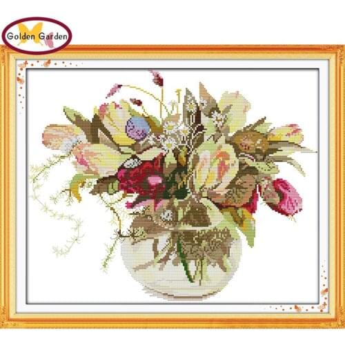 GG The Tulip Vase Flower Painting Cross Stitch Needlework Embroidery Sets 11CT14CT Joy Sunday Cross Stitch Kits for Home Decor