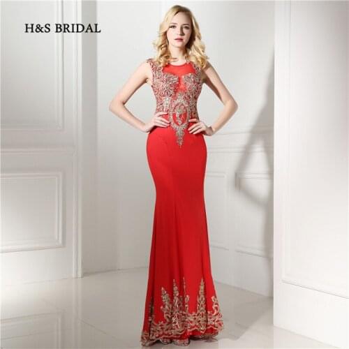 H&S Bridal Gold Appliques Red Fitted Mermaid Sheer Bodice Sequins Beaded Formal Evening Dresses 2017 New Arrival Elegant Gowns