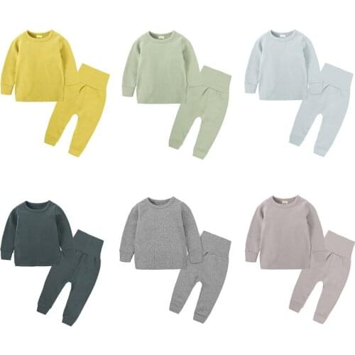 Hooyi Boys 2 pcs Pajama Set Kids Cotton Thick Homewear Children Long Sleeves Nightgown Toddler Crewneck Long Tee Belly Pant Sets