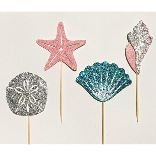 Custom Sea Shell Glitter Cupcake Toppers Starfish cake Toppers Ocean birthday Cupcake Toppers under the sea party decoration