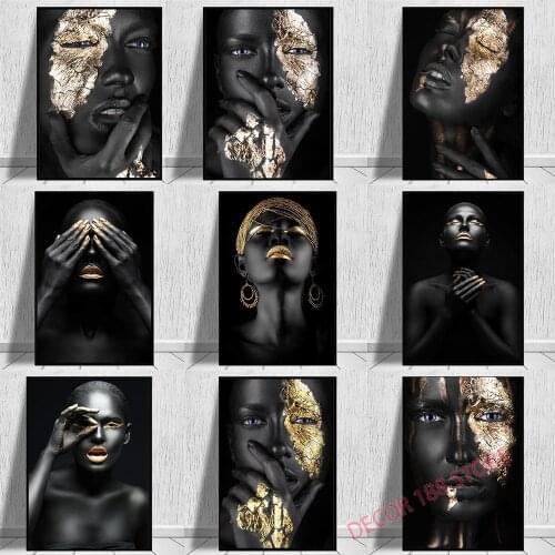 African Art Black and Gold Woman Oil Painting on Canvas Art Posters and Prints Scandinavian Wall Art Picture for Living Room