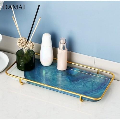 European Marble Trays Golden Handle Ceramic Plates Jewelry Storage Display Tray Cosmetics Organizer Home Bathroom Accessories