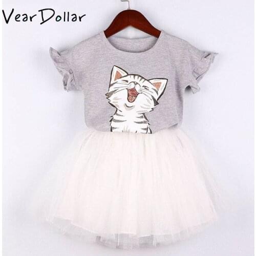Veardoller Kids Clothes Set Girls Skirt 2019 New Arrive Cute Cartoon Cat Pattern O-neck T-shirt + Mesh Princess Skirt 2Pcs Set