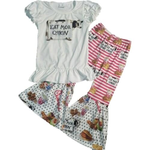 Hot sale Boutique kids farm design Clothing Set Cute Babies Girl cow Ruffles Shirt tops and Wave Point Bell Pants