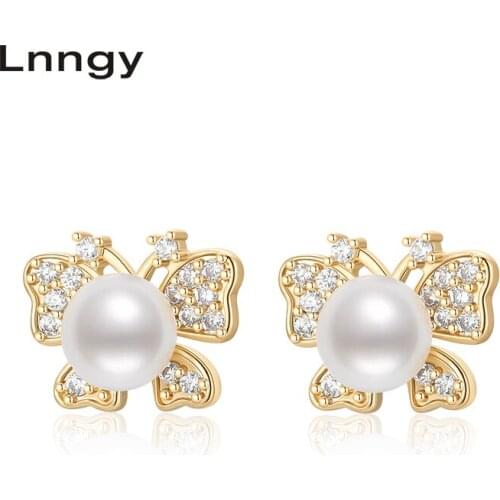 Lnngy 14K Gold Filled Butterfly Earrings 6-6.5mm Natural Freshwater Pearl Butterfly Stud Earrings Women Anniversary Fine Jewelry