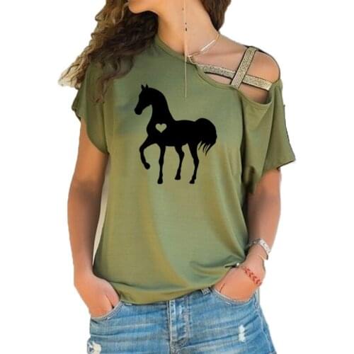 Summer New Heart horse tshirt gift for horse lover equestrian gifts clothing birthday party Irregular Skew Cross Bandage Tees