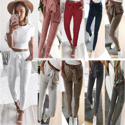 Plus Size New Casual Women Ninth Solid Color Striped Pants Women Womens Pencil Pants Casual Pants Womens Leggings