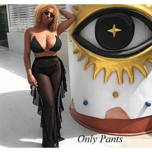 Sexy Mesh Women Bikini Bottom See-through Long Pants Bikini Cover Up Ruffle Loose Long Trousers Beachwear Swimsuit Bottoms
