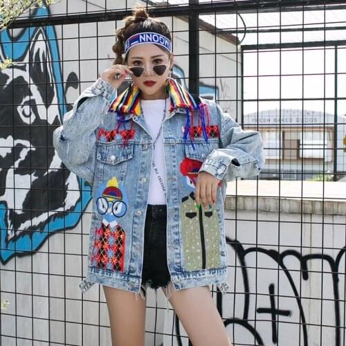 Hole Jeans jacket women 2020New Thai tide brand heavy industry sequin printing bf denim jacket women stitching wool denim jacket