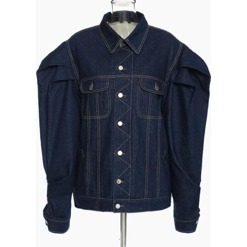 SeeBeautiful Velvet Denim Thick Jacket Coat Lapel Puff Sleeve Single Breasted Pockets New Fashion Spring 2021 Women M212