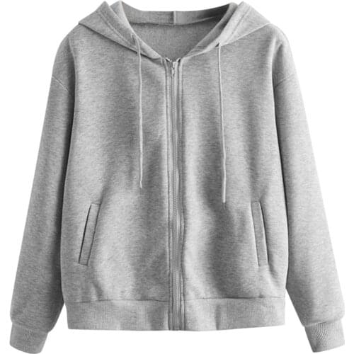 Women Casual Solid Long Sleeve Zipper Pocket Hooded Sweatshirt Tops Female Hoodies Streetwear Black White