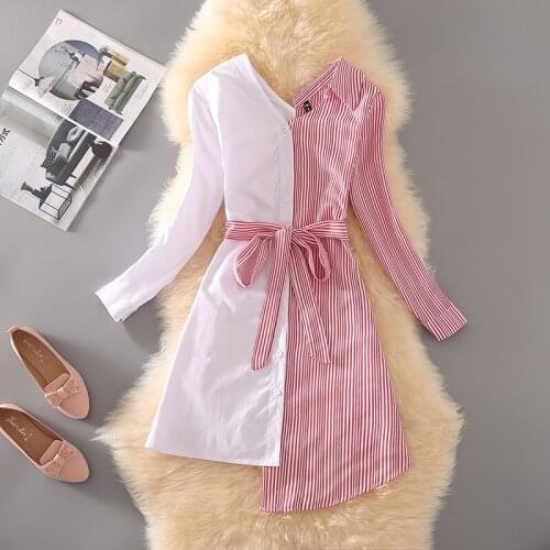 Woman Dress 2021 Spring New Long Sleeve V-Neck Lace Up Loose Vestidos Casual Irregular Striped Patchwork Female Dresses G1197