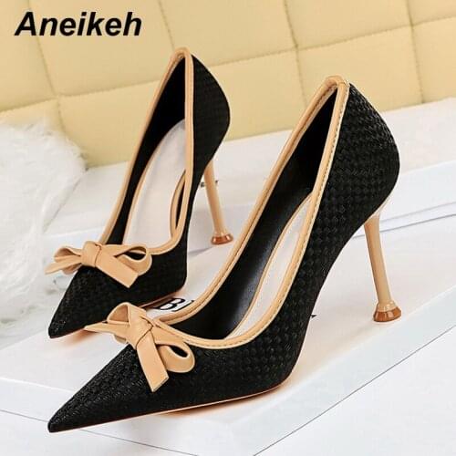 Aneikeh Womens Shoes Fashion Office Lady Lace Patchwork High Heels Butterfly-Knot Pointed Toe Pumps Slip-On 2021 Spring/Autumn