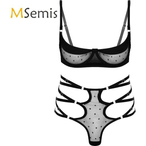 Womens Lingerie See-through Mesh Lingerie Set Underwear Underwire Unlined Bra with Strappy G-string Briefs Two-piece Nightwear