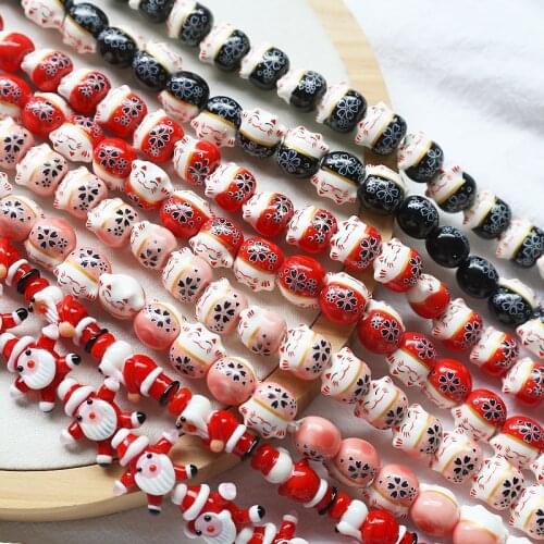 Santa Claus hand-painted lucky cat multicolor ceramic beads diy homemade bracelet necklace ear jewelry material accessories