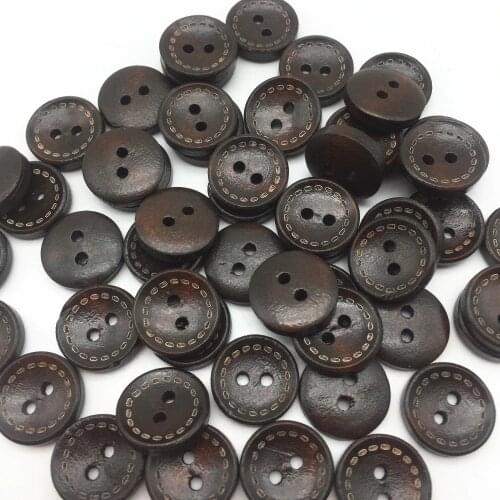 100pcs 13mm Dark Brown Wood Dotted Lines Round Bowl Buttons Sewing Accessories Embellishments 2 Holes Boots Decorative Button