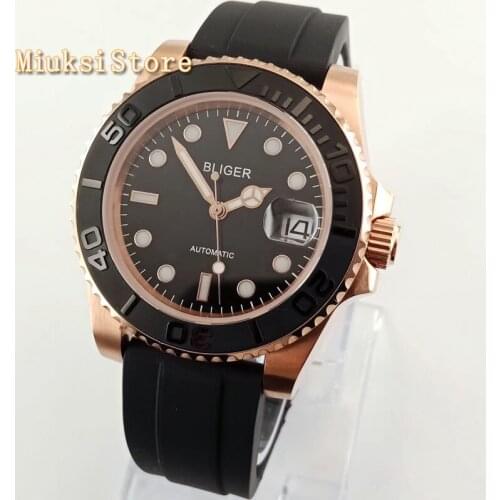 40mm mans luxury mechanical watch BLIGER black dial rose gold case cermaic bezel sapphire glass luminous date automatic