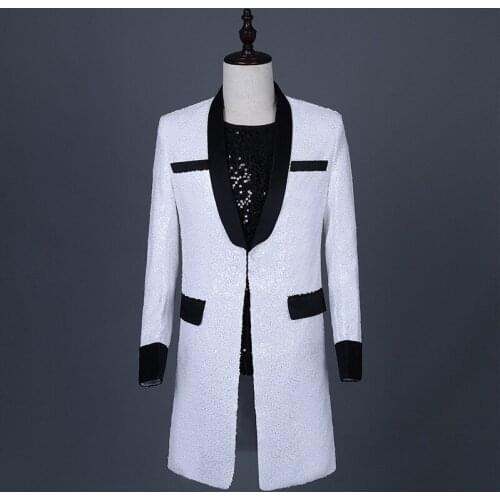 Long White Suit for Men Singer Magician Performance Costume Color Matching Male Loose Sequins Windbreaker