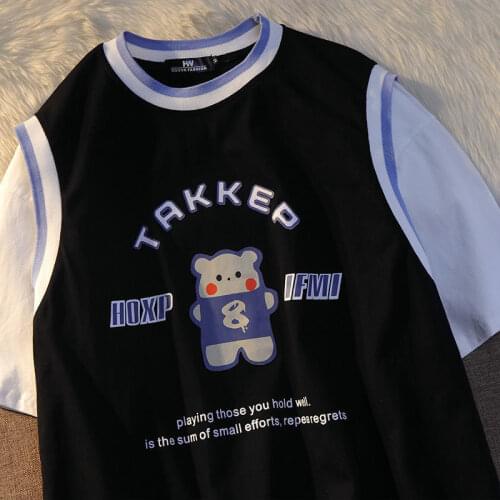 Ins Retro Preppy Style Bear Spliced T Shirts Women Cotton Tshirts 2021New Kawaii Teens Girls Oversized Summer Tees Harajuku Tops