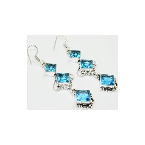 Blue Topas , 74 mm, Silver Overlay on Copper Earrings, E1822