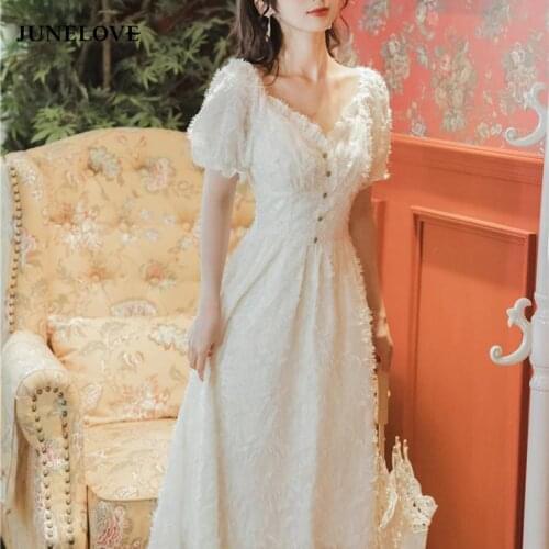 JuneLove Vintage Elegant Dress Women French Retro Kawaii Lace Up Sweet Dress Puff Sleeve Casual Fit Chic Party Dress Summer 2021