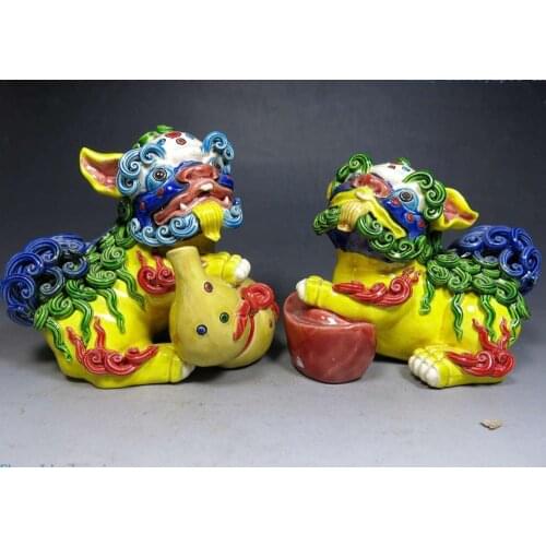 China handmade gourd Yuanbao fine luck koji pottery Foo Dogs Lion pair Statues