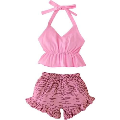 OPPERIAYA Toddler Baby Girls Summer Clothes Bow Sleeveless Halter Crop Tops Ruffle Leopard Short Pants 2Pcs lovely Outfits Set