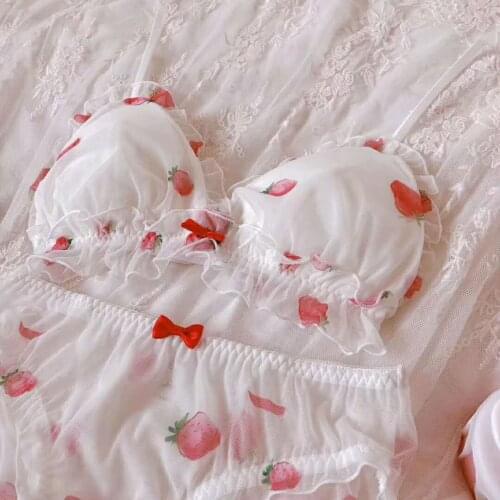 Girls net yarn sweet strawberry lingerie comfortable triangle cup girls underwear set no steel ring suit sexy greasy bra sets
