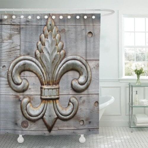 Orleans Tin Fleur De Lis Detail Metal Pattern Vintage Shower Curtain Waterproof Polyester Fabric 72 x 78 Inches Set with Hooks