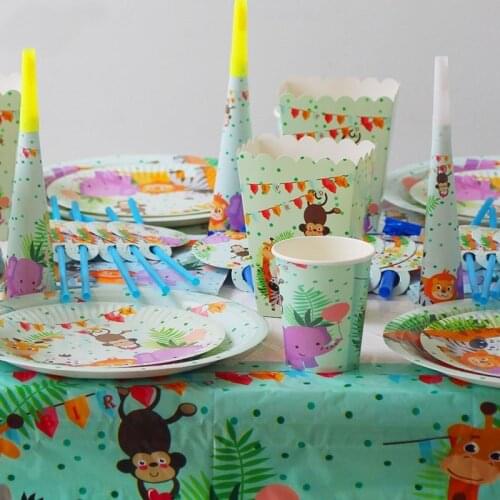 Jungle Safari Disposable Tableware Set Cartoon Animals Cake Topper For Wild One Forest Animal Party Decoration Kids Boy Supplies
